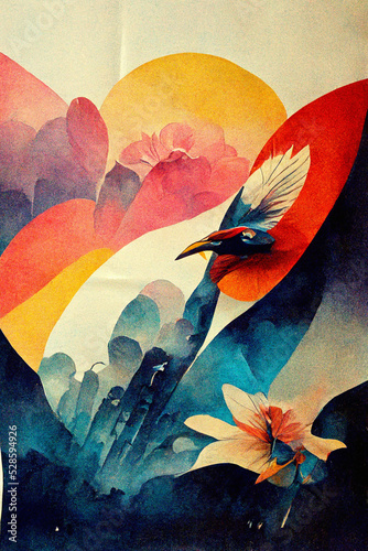 Beautiful summer poster full of colour and abstract shapes, bird's face, and feathers, detailed, cohesive, harmonious illustration
