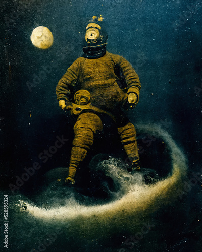 Astronaut / deep sea diver  in old derelict suit, emerging from the sea 1890 collage photo