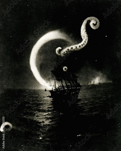 A Giant Kraken Squid Sea Monster attacks a ship at night, photomontage collage, 1980s, 1900s, 1910s, 1880s, old photos photo