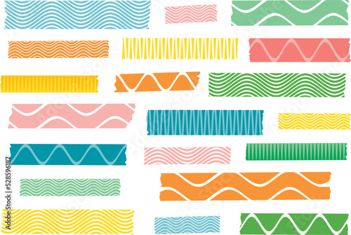 Collection of washi tape, masking tape, adhesive tape strips or stickers. EPS file has global colors for easy color changes and semitransparent tape strips.