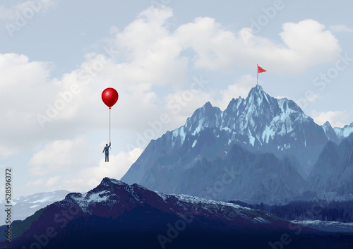 Challenge strategy success and Business aspiration for climbing a high mountain metaphor as a clever businessman with a goal of a red flag from the peak or summit 