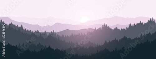 Landscape of mountains and pine forests. mountain silhouette For design templates, posters, natural background. Web pages and presentations.