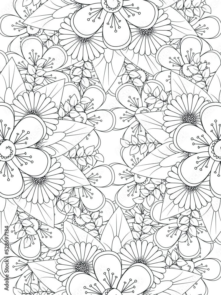Flowers coloring book page. Isolated on white background. Doodle drawing anti-stress coloring books page for adults or children. Flat Vector Illustration