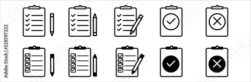 Clipboard vector icon set. check list sign line and outline isolated on white background. clip board or pad symbol. complete document page, quality test mark. illustration. clipboard checkmark.