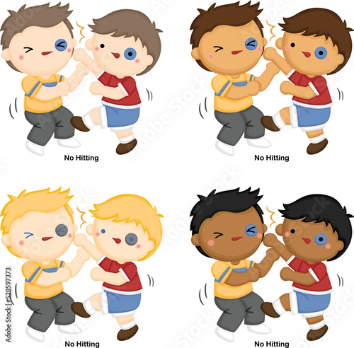 a vector of two kids hitting each other with a text of no hitting below it