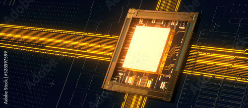 3D rendering of cyberpunk AI. Circuit board. Technology background. Central Computer Processors CPU and GPU concept. Motherboard digital chip. Tech science background.