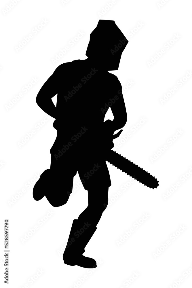 Fototapeta premium killer with chain saw machine, hunter with weapon silhouette vector on white background, people graphic design for Halloween day.