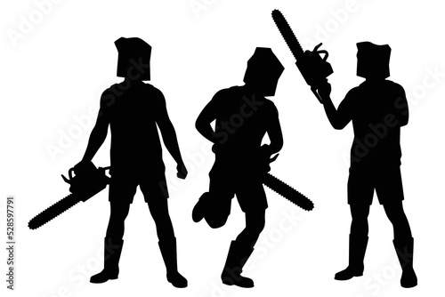 killer with chain saw machine, hunter with weapon silhouette vector on white background, people graphic design for Halloween day.