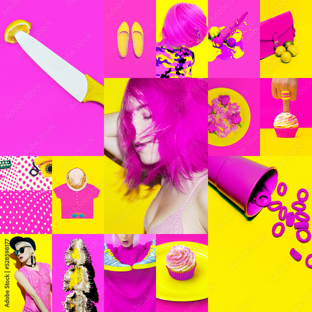 Set of trendy aesthetic photo collages. Minimalistic images of two top colors. Pink and yellow fashion moodboard Set of trendy aesthetic photo collages. Minimalistic images of two top colors. Pink and yellow fashion moodboard