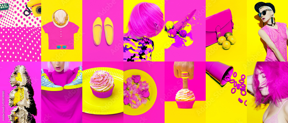Set of trendy aesthetic photo collages. Minimalistic images of two top colors. Pink and yellow fashion moodboard