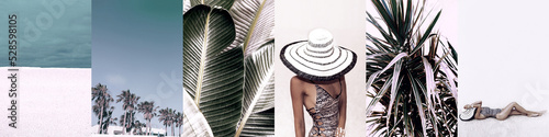 Set of trendy aesthetic photo collages. Minimalistic fashion images. Beach vacation vibes moodboard