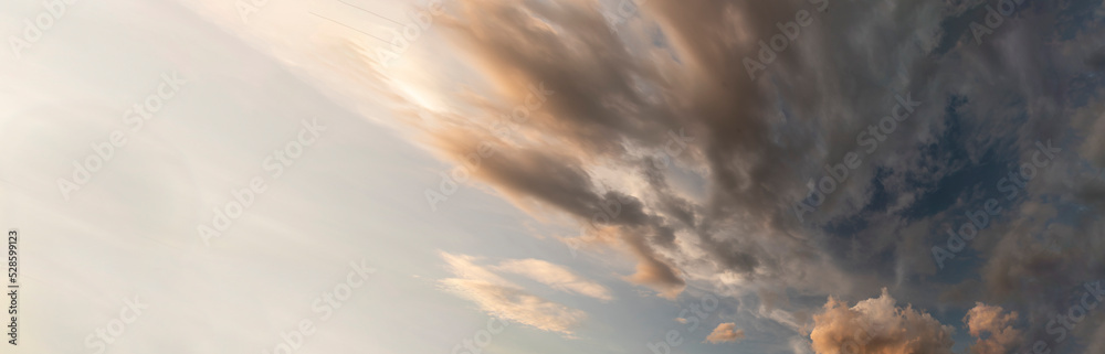 Obraz premium Banner Dramatic dark storm clouds black sky background. Dark thunderstorm clouds rainny season. Panorama Meteorology danger windstorm disasters climate. Dark cloudscape storm cloud with copy space.