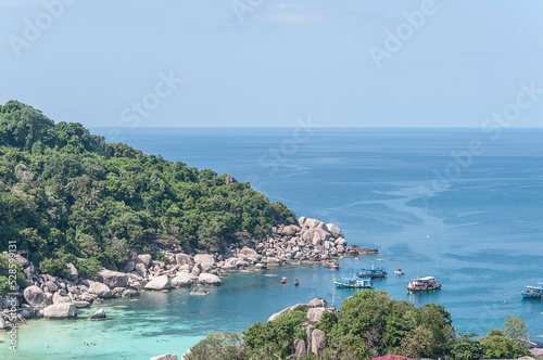 Aerial view of paradise islands with lots of vegetation in the gulf of Thailand. Koh Nang Yuan Island. There is a small sand road linking the two islands.