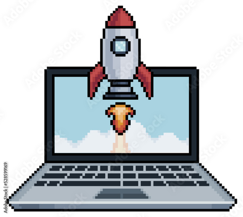 Pixel art laptop with rocket taking off from the screen vector icon for 8bit game on white background 