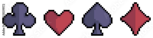 Pixel art suit playing cards, hearts, diamonds, clubs, spades vector icon for 8bit game on white background 