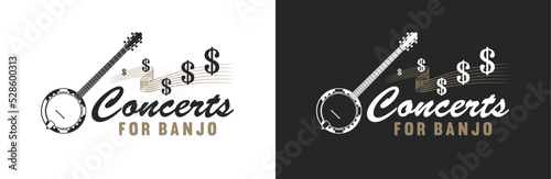 Banjo guitar music for concert with dollar tones music illustration symbol logo vector
