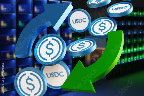 USDC investment. Investing in stablecoins. Buying digital dollar. Investments in USDC currency. USDC coins in front of northern equipment. Cryptocurrency trading. Investing money in crypto. 3d image. photo