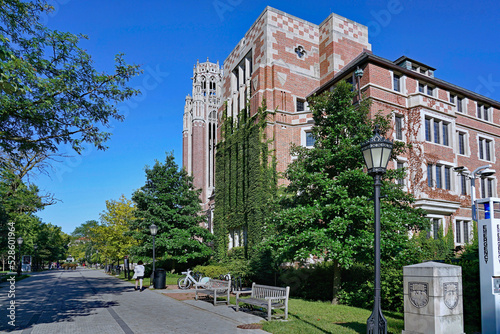 Chicago, USA - September 2022:   Footpath on the University of Chicago campus, in front of Saieh Hall, home of its renowned economics department. photo