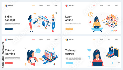 Training skills and business competence, online education set vector illustration. Cartoon students study for future career growth, development concept for banner, website design or landing web page