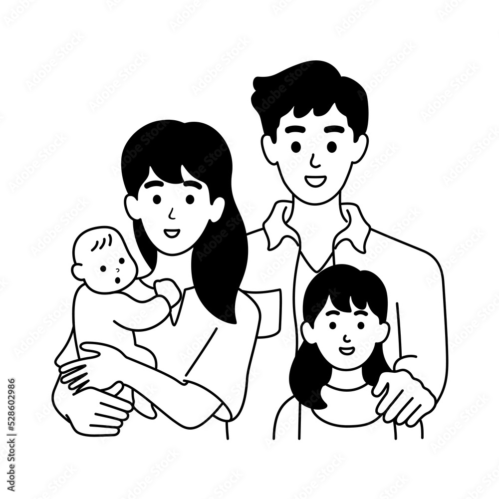 Happy family of mother, father and children characters line art drawing style. Front view of parents with their little kid and baby. Vector illustration. Happy family of mother, father and children characters line art drawing style. Front view of parents with their little kid and baby. Vector illustration.