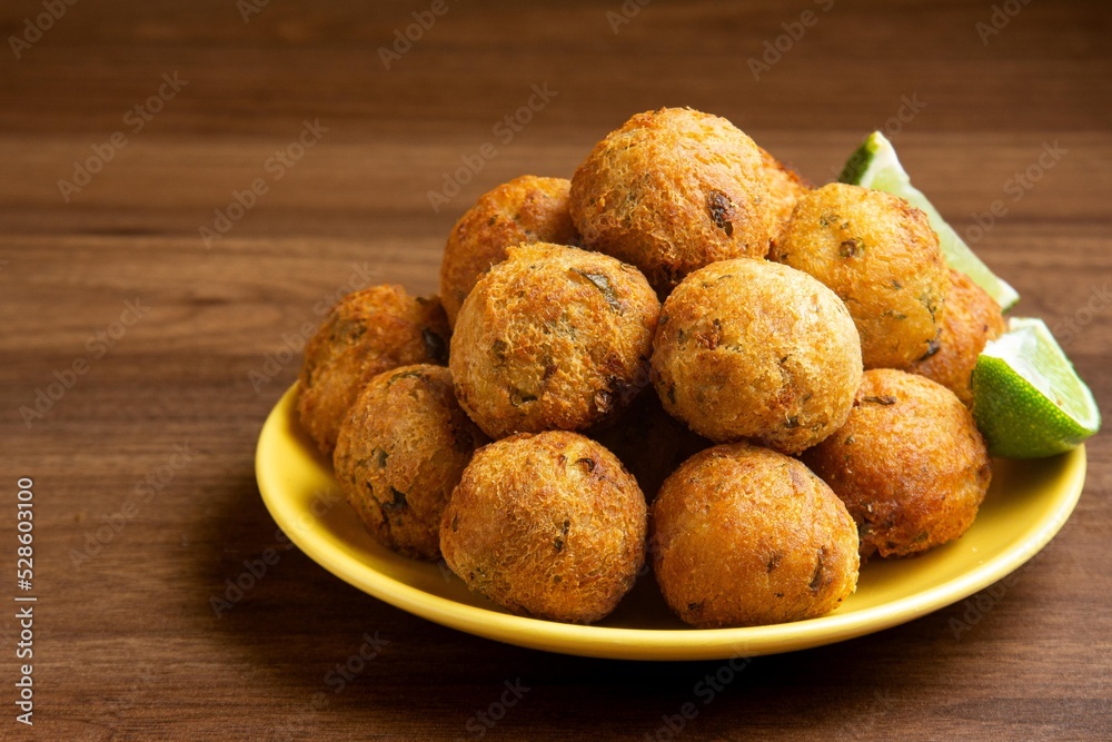 cod dumpling, salt cod fritters, bunuelos de bacalao. Brazilian snack bolinho de bacalhau cod dumpling, salt cod fritters, bunuelos de bacalao. Brazilian snack bolinho de bacalhau