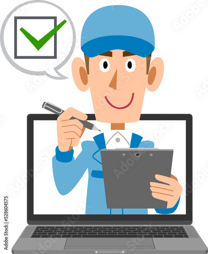 オンラインで診断する青い作業着の男性
