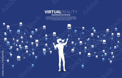 Silhouette man wear VR glasses and dot connect line and sim card icon. Concept for mobile sim card technology and network.