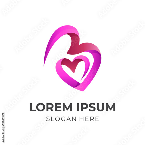 initial B heart logo vector with 3d red and pink color style