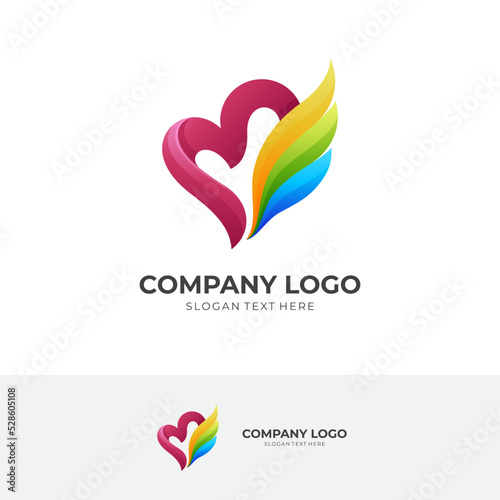 love wing logo concept, love and wing combination logo with 3d colorful style