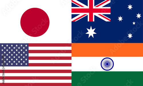 japan,australia,usa and india Quad plus countries flags. Quadrilateral Security Dialogue,