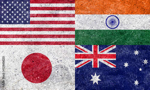 japan,australia,usa and india Quad plus countries flags. Quadrilateral Security Dialogue, photo