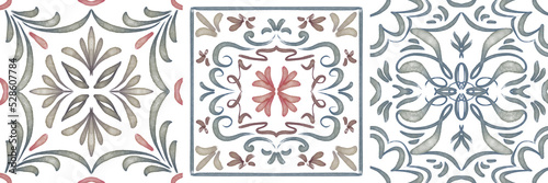 Set of watercolor illustrations - ceramic tile stylization with gray ornaments. Azulejos portugal, Turkish ornament, Moroccan tile mosaic, Talavera ornament.