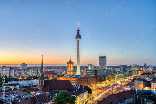 The iconic TV Tower and Berlin Mitte with the town hall at twilight
