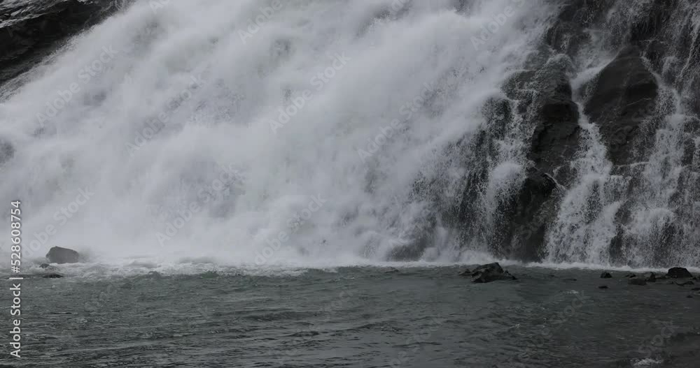 Waterfall Climate Nugget Falls waterfall Mendenhall Glacier close pan. Waterfall glacial ...
