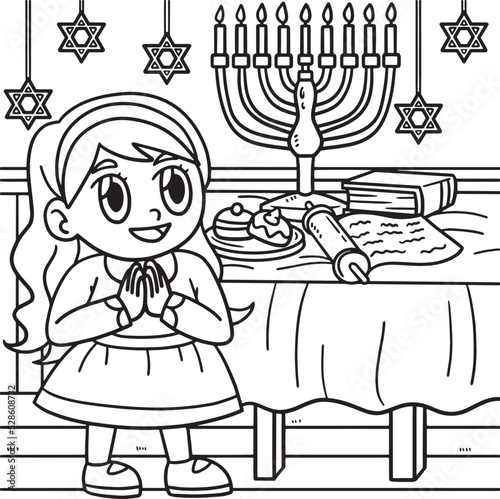 Hanukkah Girl Praying with Menorah Coloring Page 