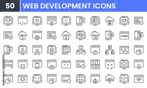 Web Development vector line icon set. Contains linear outline icons like Programming, Coding, Browser, SEO, Maintenance, Interface, Computer, Data Analyzing, Web Design. Editable use and stroke.