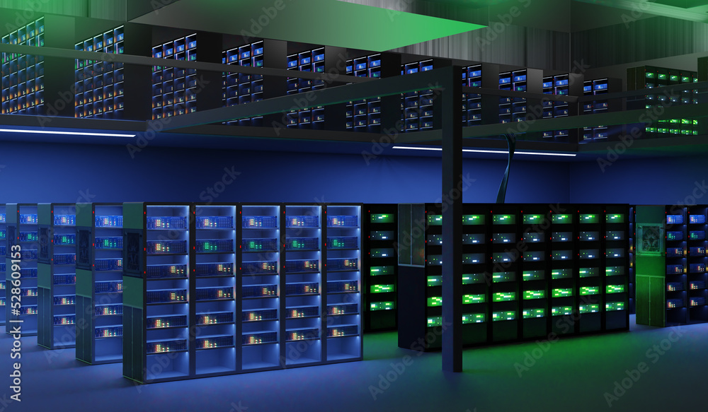 Obraz premium Data center. Interior hosting provider. Server room without people. Racks with northern equipment with neon glow. Data center equipment. Data center service. Telecommunication business. 3d image.