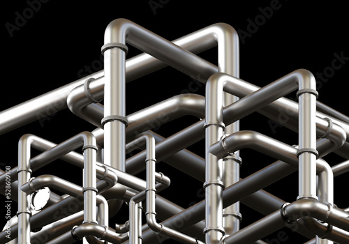 Steel pipeline. Pipes for boiler room. Tangled metal pipes. Pipeline isolated on black. Water pipe maze visualization. Steel pipes for hot water. Tangled steel plumbing. 3d rendering.