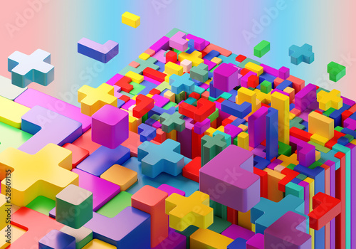 Multicolored constructor. Constructor blocks fall down. Elements logic puzzle. Volumetric elements puzzle. Logic video game concept. Geometric blocks of different colors. Childrens puzzle. 3d image photo