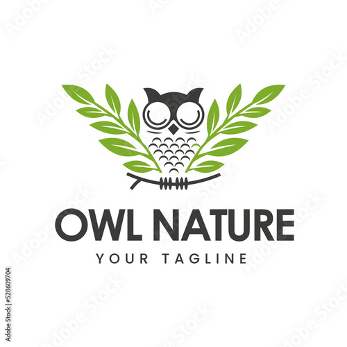 Owl illustration with leaf wings, owl logo design, template, symbol, icon, nature