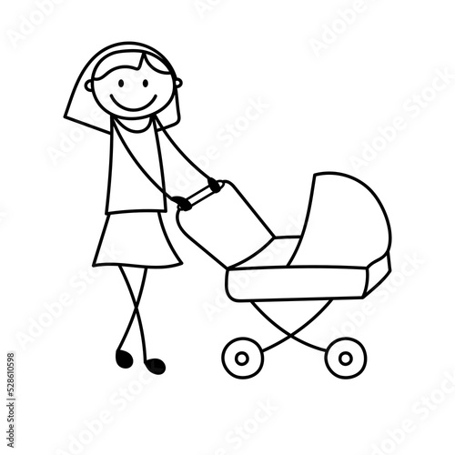 Doodle figure woman. Cute stick mother with baby stroller. Vector illustration isolated on white