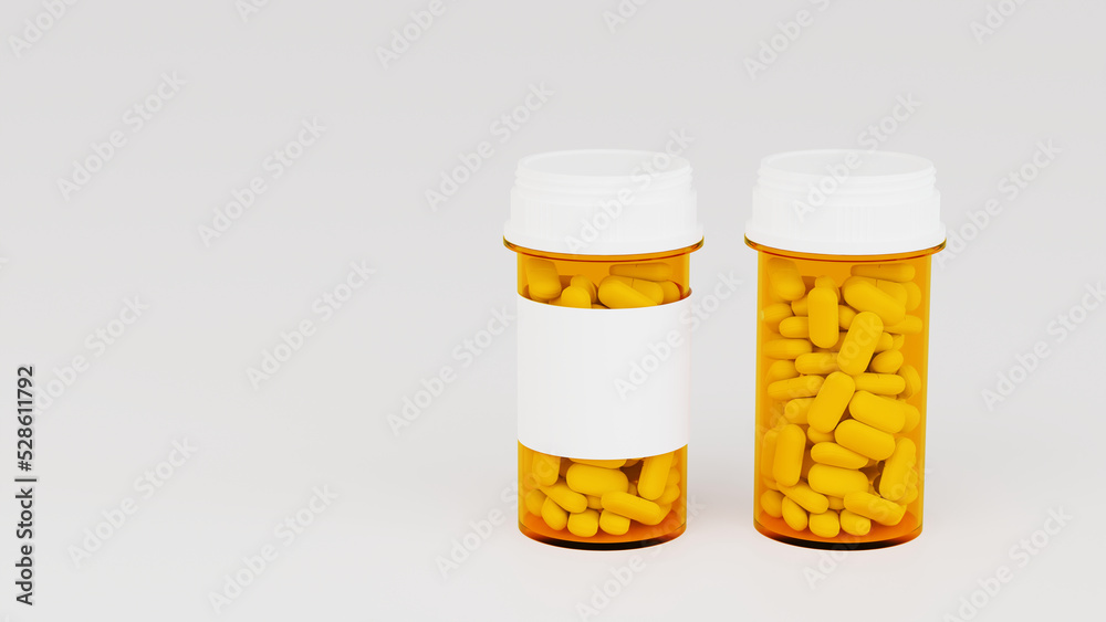 White pills and yellow pills bottle, Medicine bottles with drugs, medical concept, 3D rendering. White pills and yellow pills bottle, Medicine bottles with drugs, medical concept, 3D rendering.