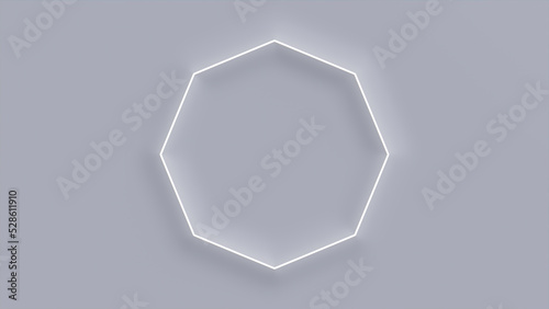 White Surface with Embossed Shape and White Illuminated Edge. Tech Background with Neon Octagon. 3D Render.
