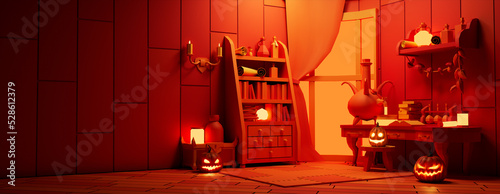 Halloween Pumpkin Decorations with Potions, in a Fun Wizard's Room at Night. Halloween banner with copy-space. photo
