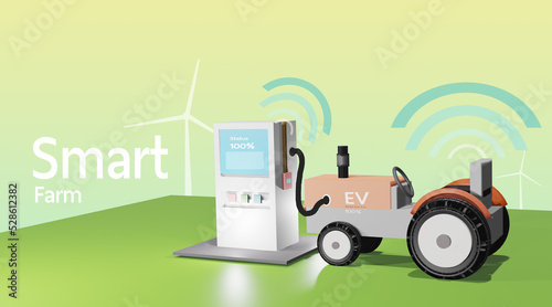 Agricultural tiller charging electric power from charging station, modern agriculture concept in 3d render