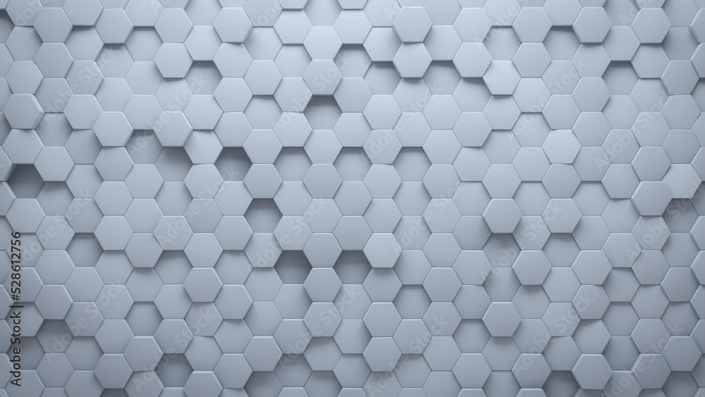 White, 3D Mosaic Tiles arranged in the shape of a wall. Hexagonal, Semigloss, Bricks stacked to create a Futuristic block background. 3D Render