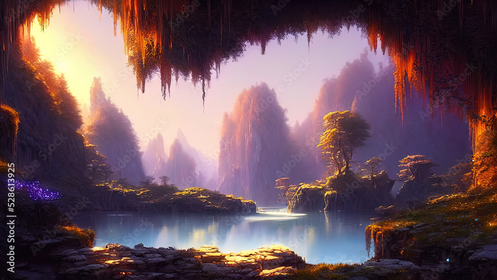 Fantasy landscape, beautiful abstract forest, with large arches of trees and stone and a river, old trees, colorful sunset, unreal world. 3D illustration