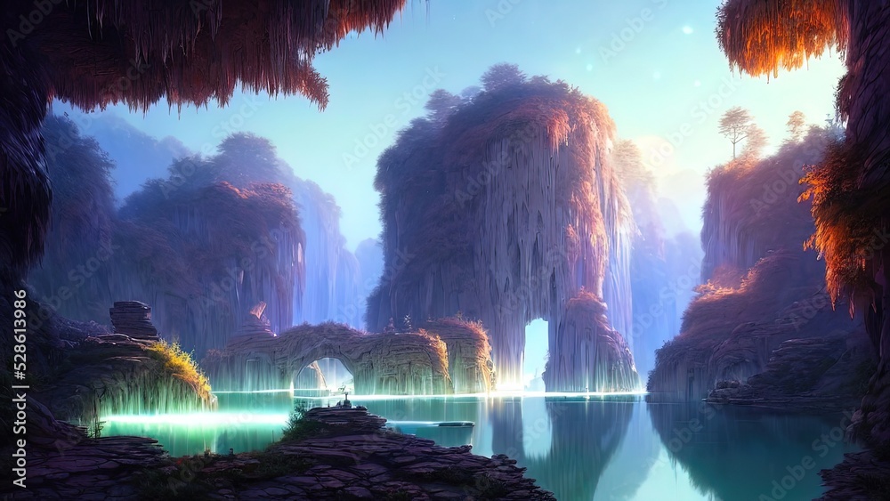 Fantasy landscape, beautiful abstract forest, with large arches of trees and stone and a river, old trees, colorful neon sunset, unreal world. 3D illustration