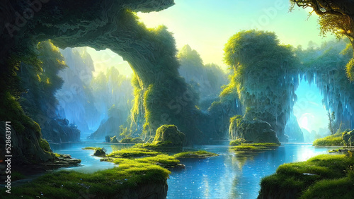 Fantasy landscape  beautiful abstract forest  with large arches of trees and stone and a river  old trees  colorful neon sunset  unreal world. 3D illustration