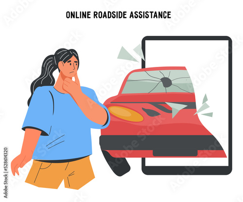 Roadside assistance online service for emergency vehicle repair banner or emblem, flat vector.